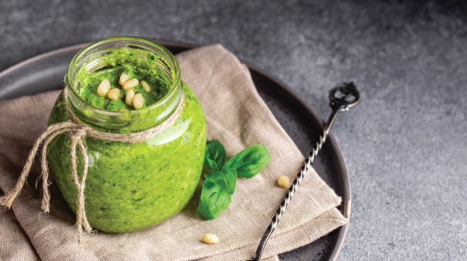 basil pesto in a vase