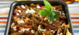 photo with Baked bamias with tomato, mint and feta cheese