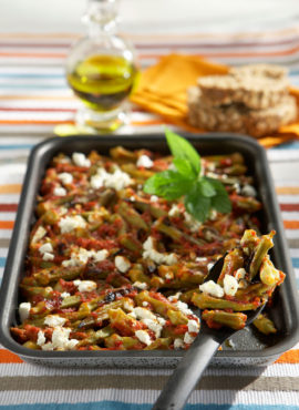 photo with Baked bamias with tomato, mint and feta cheese