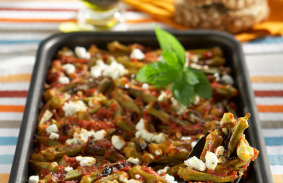 photo with Baked bamias with tomato, mint and feta cheese