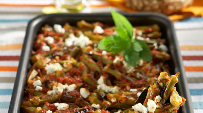 photo with Baked bamias with tomato, mint and feta cheese