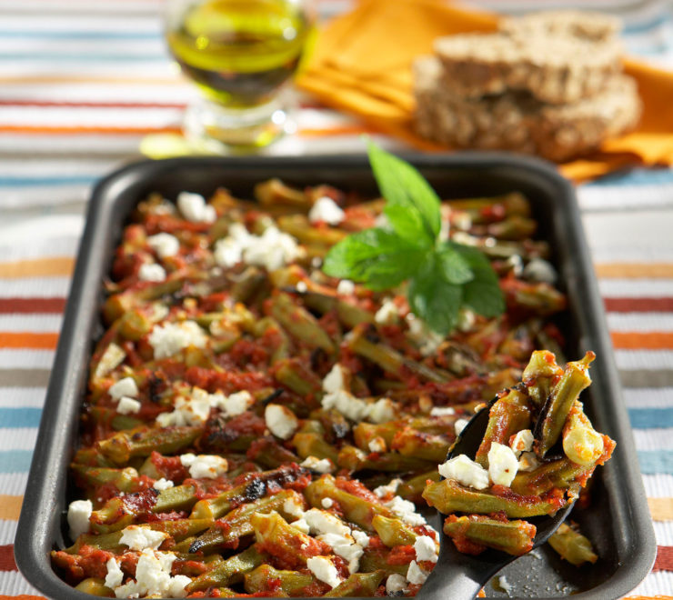 photo with Baked bamias with tomato, mint and feta cheese