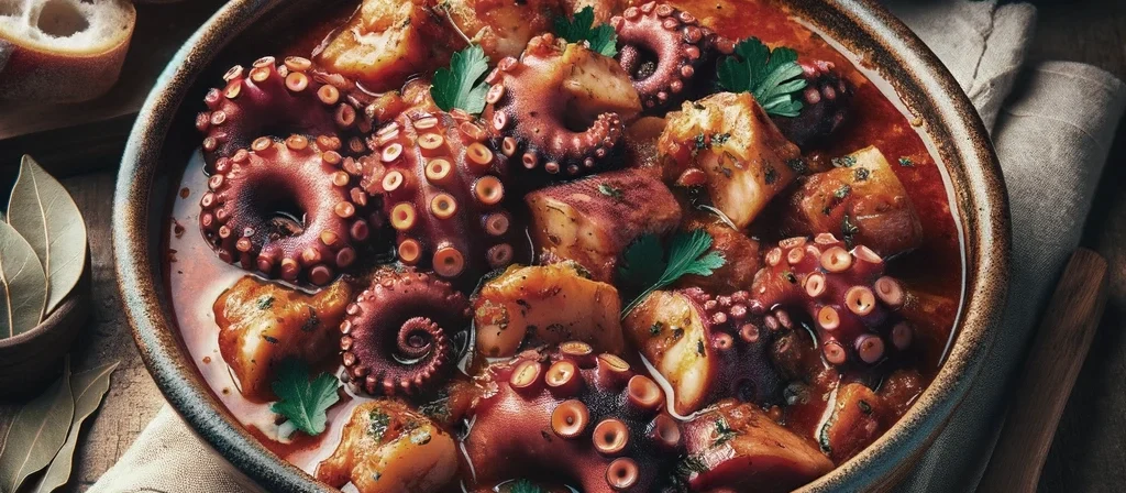 Octopus stew recipe, or 'xtapodi stifado,' with chunks of tender octopus in a rich tomato sauce, garnished with fresh parsley, served with crusty bread.