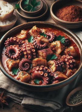 Octopus stew recipe, or 'xtapodi stifado,' with chunks of tender octopus in a rich tomato sauce, garnished with fresh parsley, served with crusty bread.