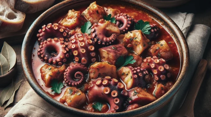 Octopus stew recipe, or 'xtapodi stifado,' with chunks of tender octopus in a rich tomato sauce, garnished with fresh parsley, served with crusty bread.