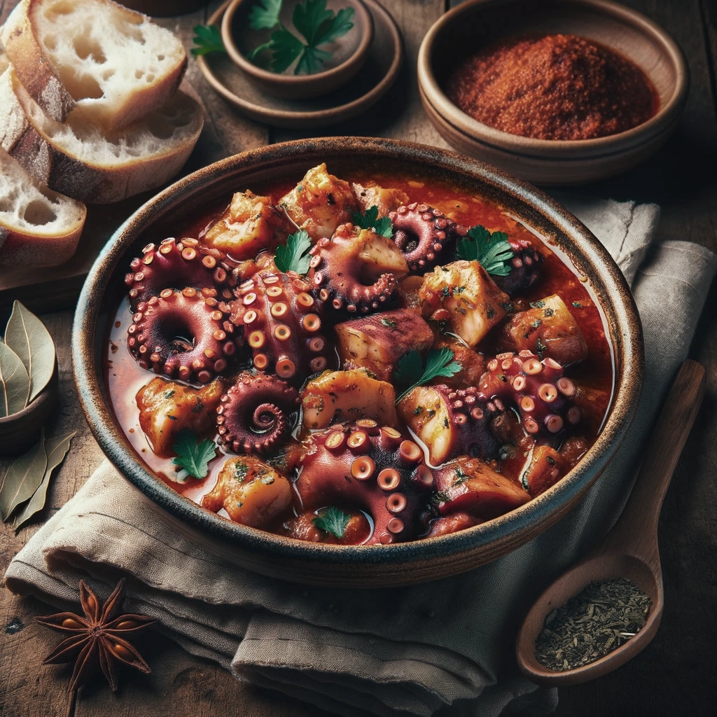 Octopus stew recipe, or 'xtapodi stifado,' with chunks of tender octopus in a rich tomato sauce, garnished with fresh parsley, served with crusty bread.